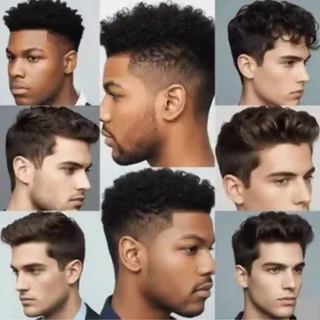 Top 24 Men Hairstyle Curls Choices 3 A collage of diverse men hairstyles curls showcasing various cuts and textures, featuring curly, wavy, and short styles on a neutral background.