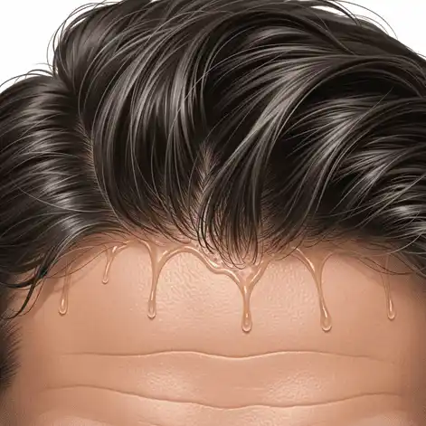 Close-up of brown hair with water droplets trickling down the forehead, suggesting perspiration or moisture, illustrating the look of greasy hair men's hair
