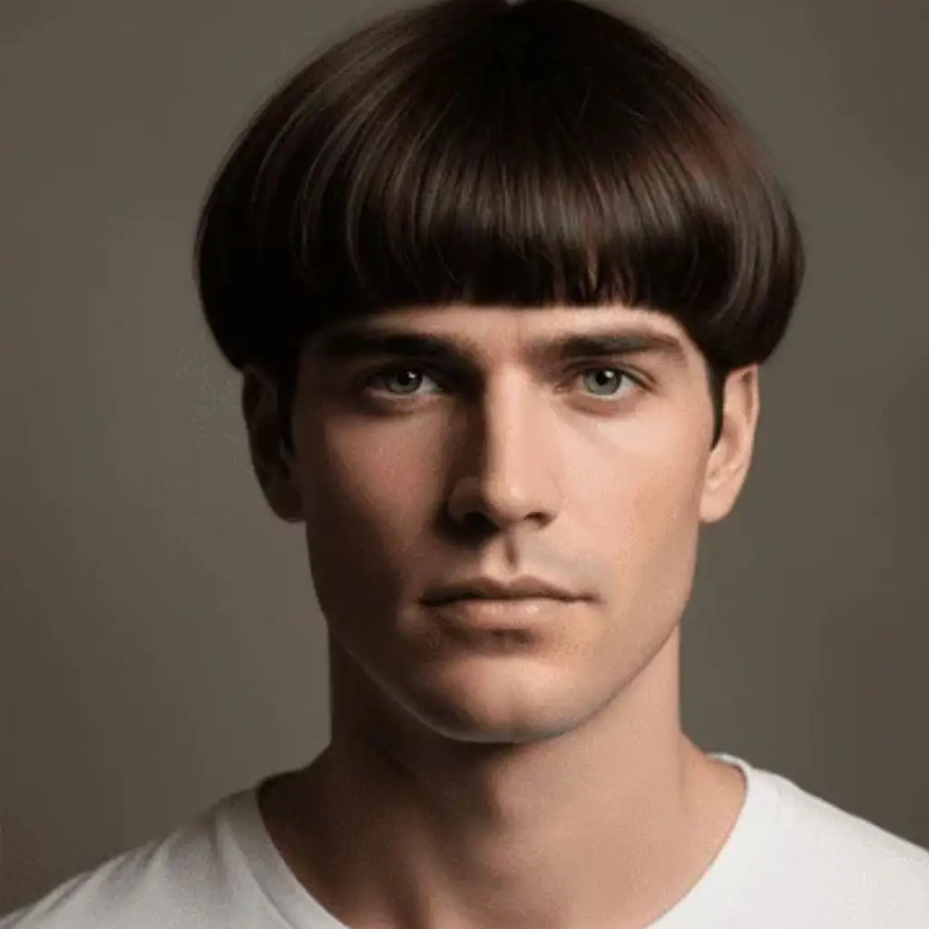 A person with a sleek, bowl-cut hairstyle showcasing long hair styling for men, wearing a plain white shirt against a soft, neutral background.