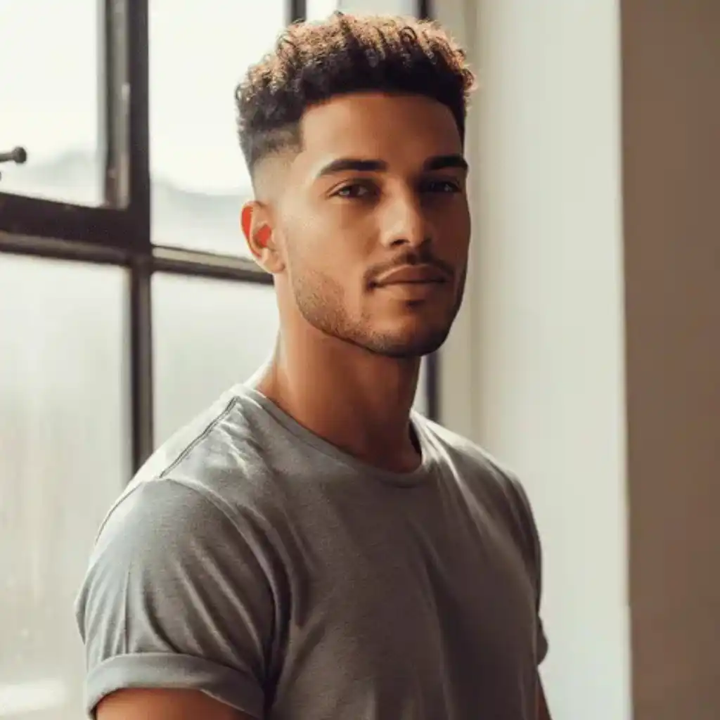 A person with modern men short hairstyles stands in a sunlit room, wearing a gray t-shirt, with their arms relaxed at their sides near large windows.