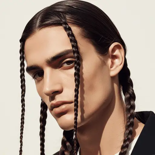 A close-up of a young man showcasing a trendy straight hair look, with long, dark hair styled in two neat braids, representing one of the popular Young Men Hairstyles Straight Hair trends, wearing a stylish outfit against a light background.