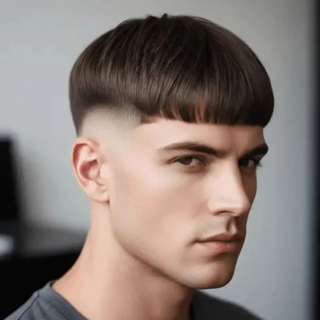 A young person with modern men short hairstyles, featuring a fade on the sides and a longer, smooth top, wearing a simple gray t-shirt.