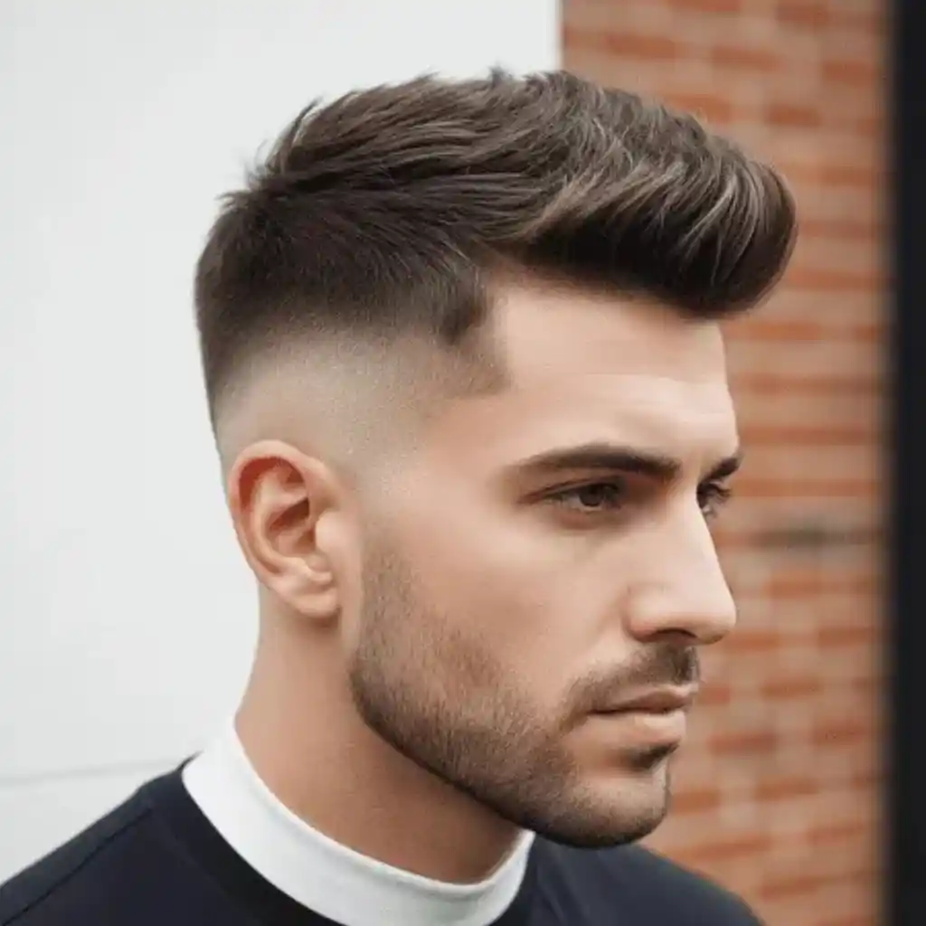 A young man with styled, voluminous hair and a faded haircut showcasing modern men short hairstyles, wearing a black t-shirt with a white collar, stands against a brick wall.