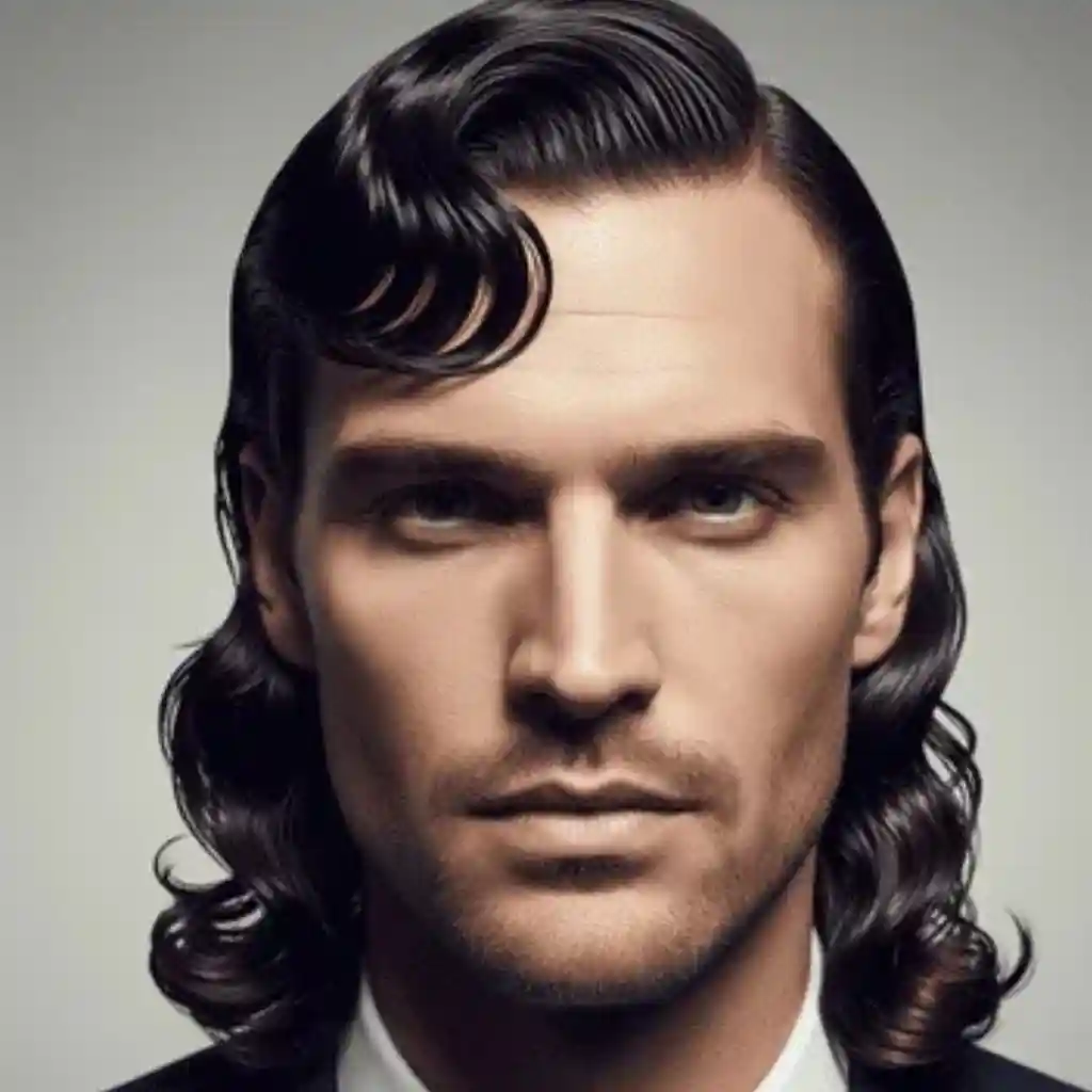 A person in a formal black suit showcasing long hair styling for men, with elegant, wavy hair styled back, set against a neutral gray background.
