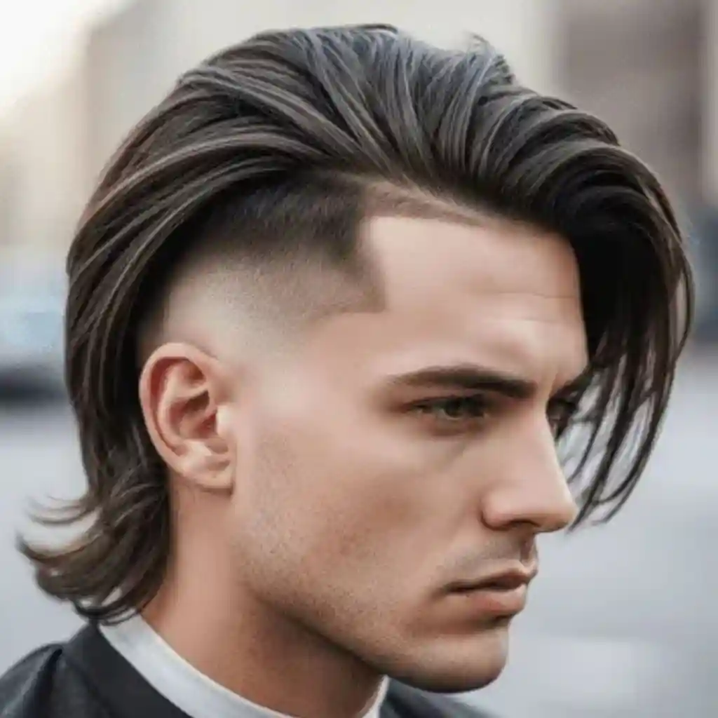 A stylish haircut featuring long hair styling for men with layered hair on top, gradually fading into a shorter length on the sides, against an urban background.