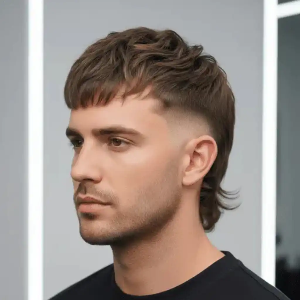 A person with stylish, wavy hair and a modern undercut showcasing modern men short hairstyles, standing against a minimalistic background featuring soft lighting.