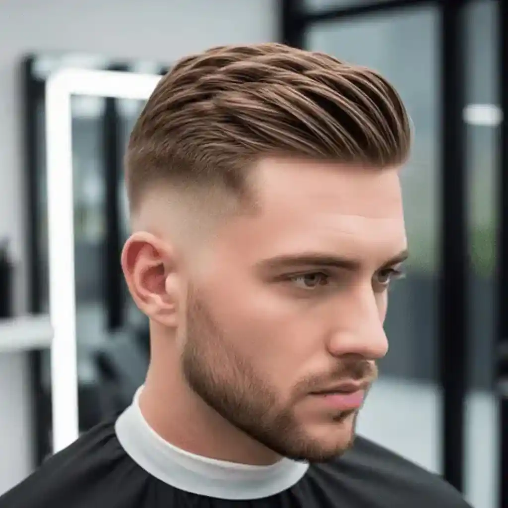 A stylish haircut featuring modern men short hairstyles with short sides and textured, voluminous top hair in a modern barbershop setting.
