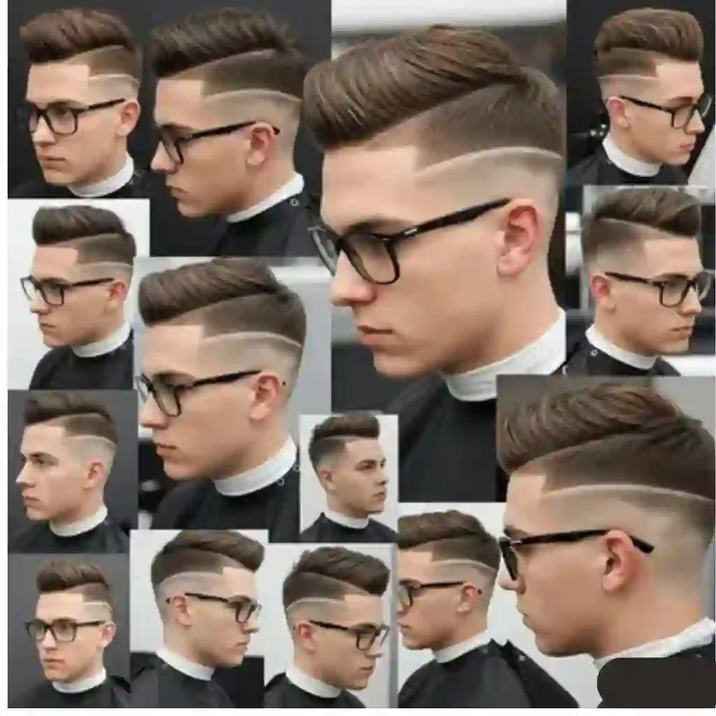 A collage showcasing various angles of a modern men hairstyle with glasses, featuring a stylish undercut and voluminous top.