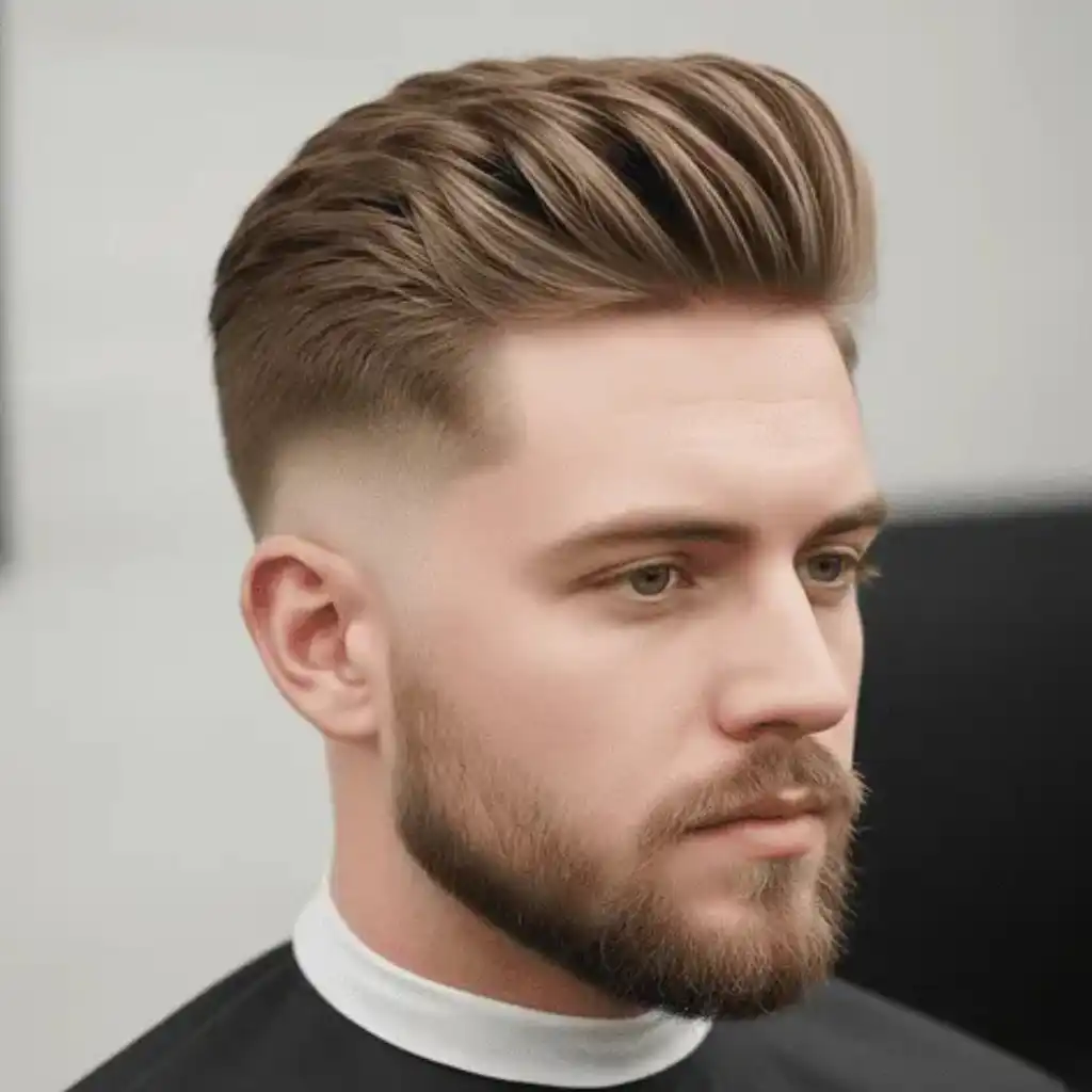 A stylish haircut featuring modern men short hairstyles with a textured, voluminous top and neatly faded sides, showcased in a barber shop setting.