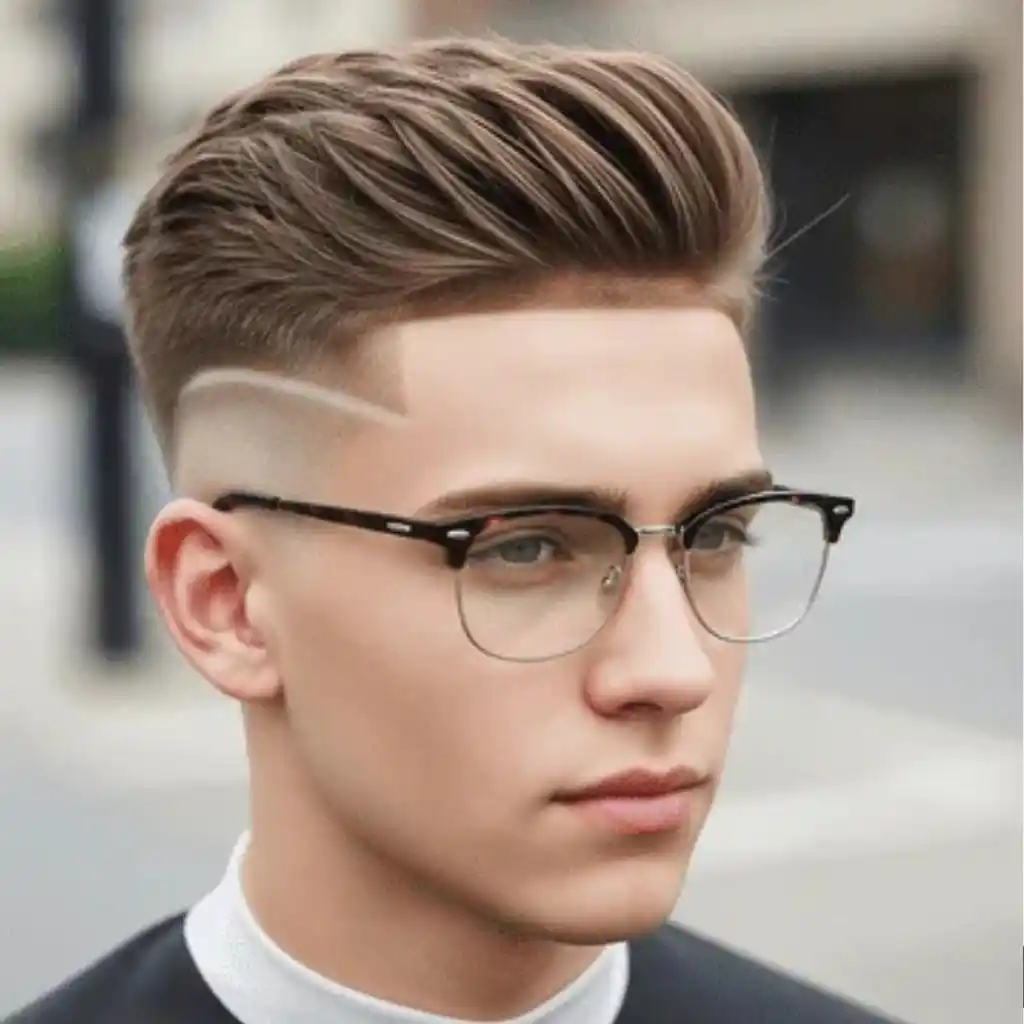 A young person showcasing trendy men hairstyles with glasses, featuring stylish, textured hair and a faded undercut, wearing a black shirt with a white collar.