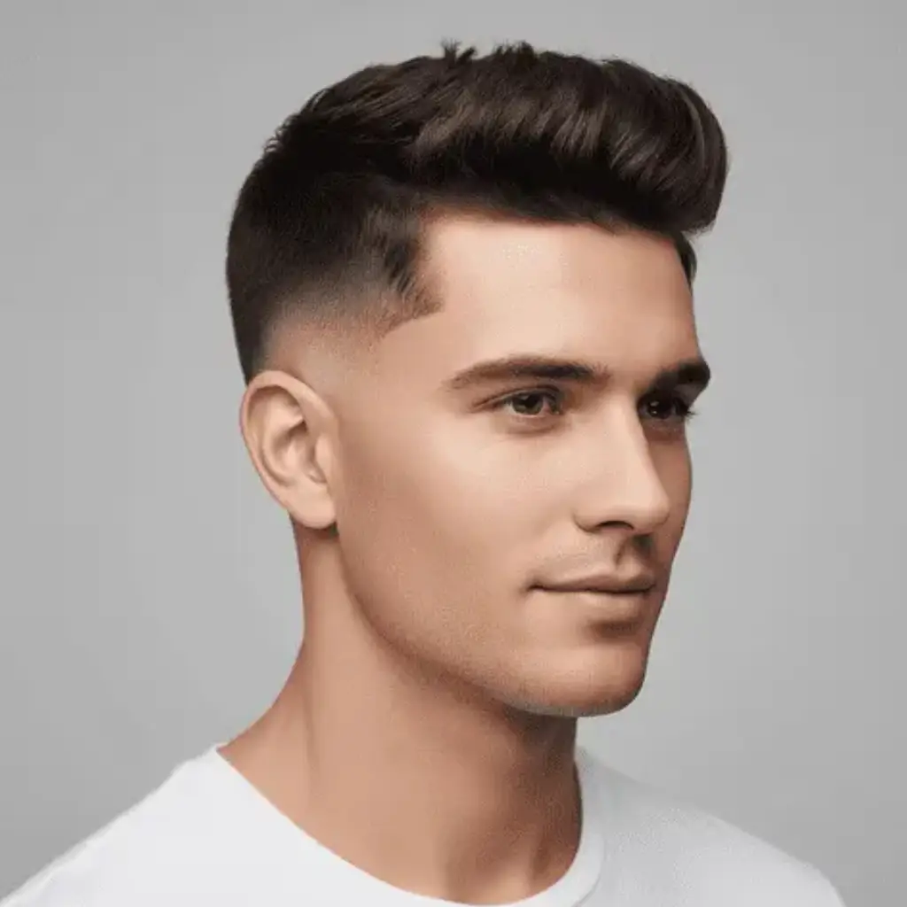 A man with stylish, voluminous dark hair wearing a plain white t-shirt, showcasing clean and modern men short hairstyles against a neutral background.