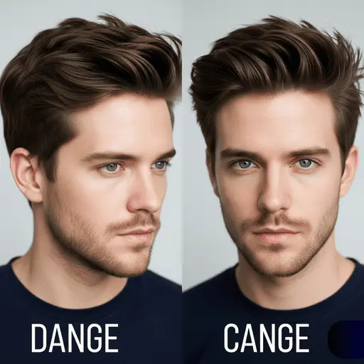 A split image of a young man with stylish hair, showcasing variations of Edgar haircuts for men; text below reads 'DANGE' on the left and 'CANGE' on the right.