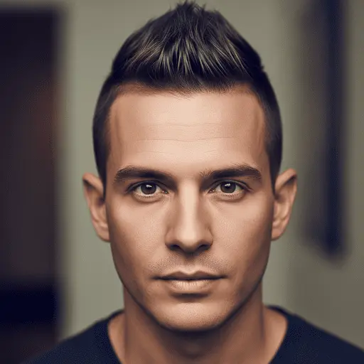 A close-up portrait of a person with stylish, short hair in the style of Edgar haircuts for men, with visible ears and set against a softly blurred background.