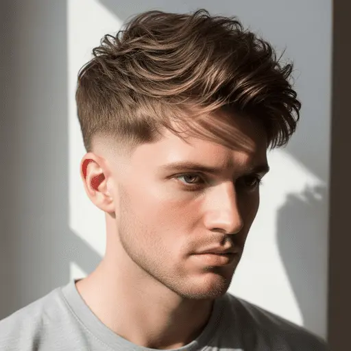A person with stylish, wavy brown hair styled in one of the Edgar haircuts for men, dressed in a grey shirt and illuminated by soft natural light against a neutral background.