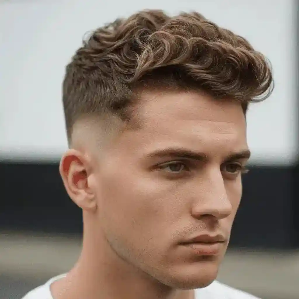 A young man with modern men short hairstyles featuring a stylish, textured haircut is wearing a white t-shirt, set against a blurred outdoor background.