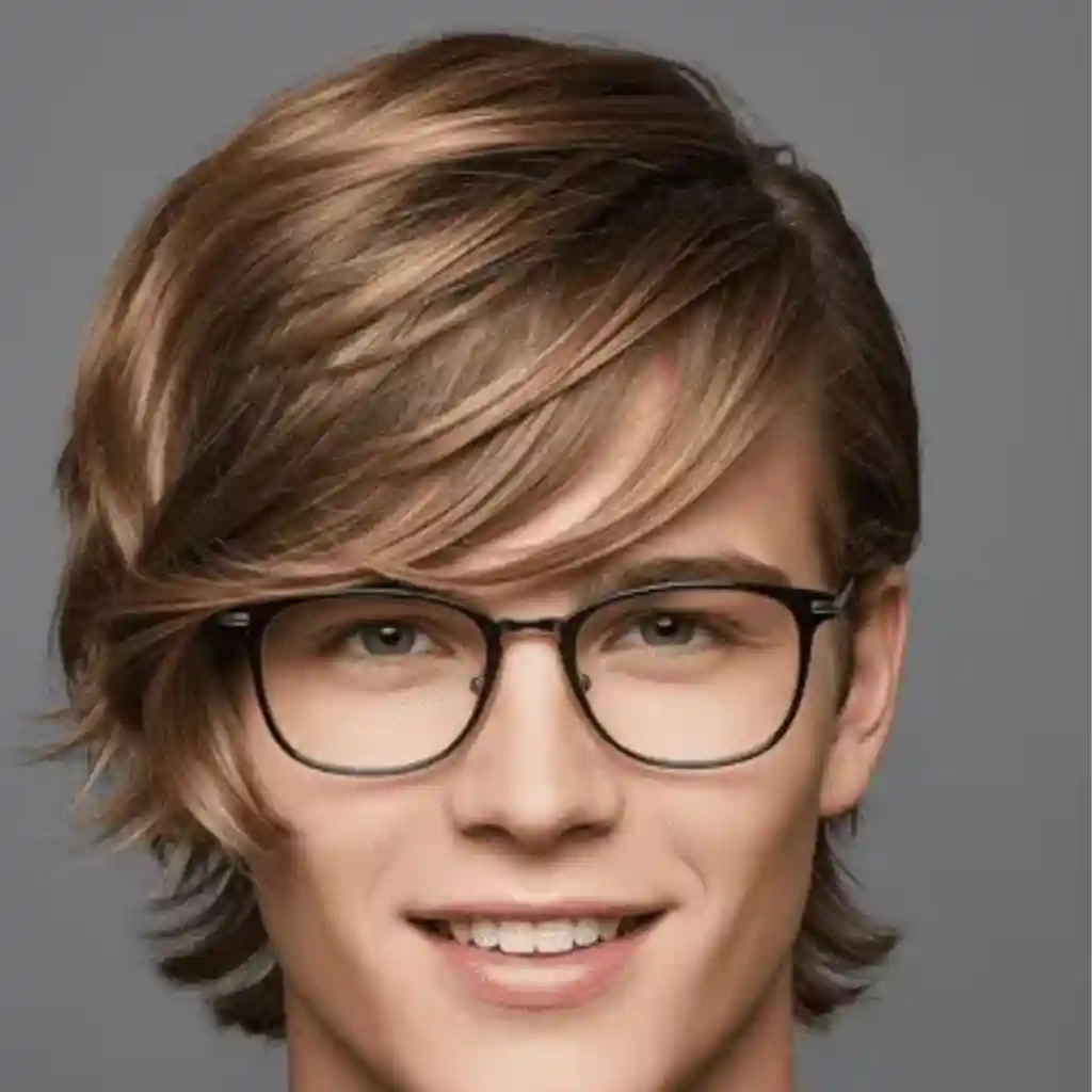 A young man with glasses and styled, wavy brown hair stands against a neutral gray background, showcasing a contemporary look that exemplifies trendy men hairstyles with glasses.