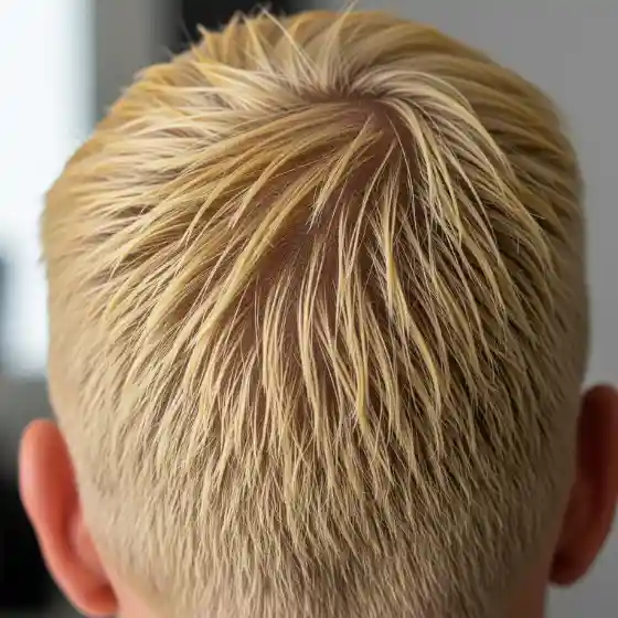 Close-up of a person's head showcasing short, wet blonde hair styled in textured layers — a trendy example of bleached hairstyles men prefer. The background is blurred, emphasizing the hair detail.