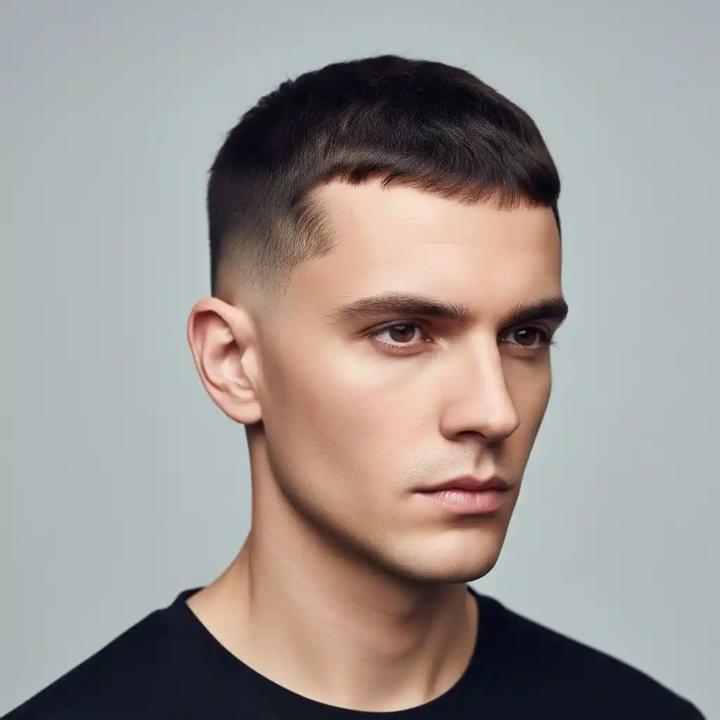 26 On-Trend Men's Crop & Crew Cuts 4 A young man with short, styled hair poses in a black t-shirt against a soft gray background, showcasing a modern, clean aesthetic that highlights MEN'S CROP & CREW CUTS.