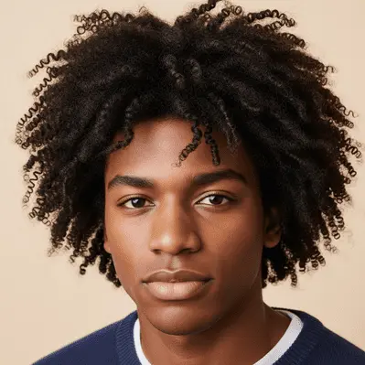 Essential Steps to Every Men's Hairstyle 4 A person with voluminous, curly hair styled in a natural afro, wearing a navy sweater against a light beige background, showcasing the essential steps to every men's hairstyle.