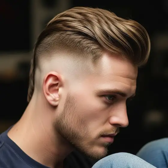A man with a stylish drop fade for men undercut and long, slicked-back hair looks contemplative. The lighting emphasizes his sharp haircut, creating a modern feel.