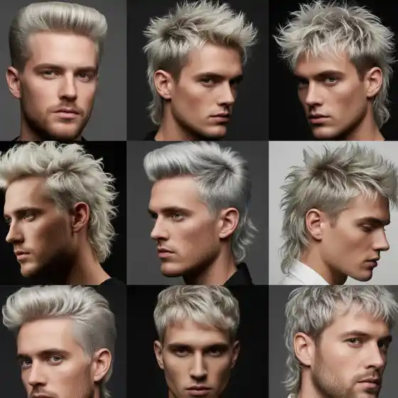 Grid of nine images showing a man with platinum blonde hair in various mullet hairstyles, each styled to be sleek or textured, on dark backgrounds — a striking example of bleached hairstyles men can wear.