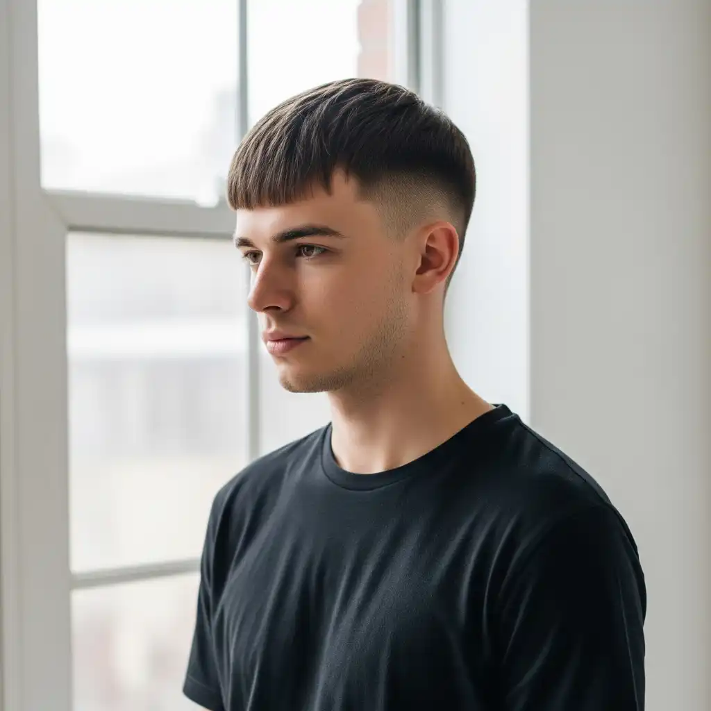 Ultimate Guide to Men's Hairstyles for Straight Hair in 2025 4 A young man with short, styled straight hair, representing young men hairstyles straight hair, stands near a window wearing a plain black t-shirt in a softly lit, minimalist room.
