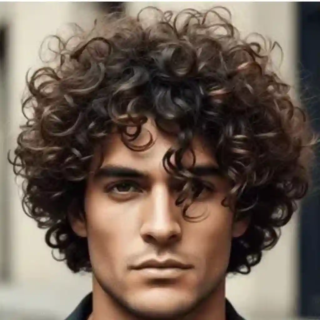 Top 24 Men Hairstyle Curls Choices 4 A person with voluminous, curly hair showcasing Men Hairstyles Curls stands outdoors, wearing a black jacket, against a blurred street background.