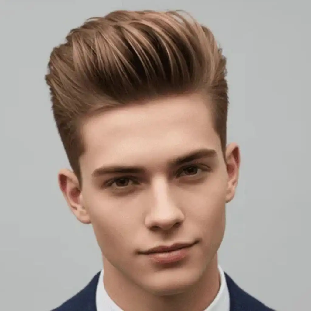 Trendy 16 Men Hairstyles Long Face 4 A young man showcasing one of the best men hairstyles for a long face, featuring stylish, voluminous hair, wearing a tailored navy suit and white shirt, against a light gray background.