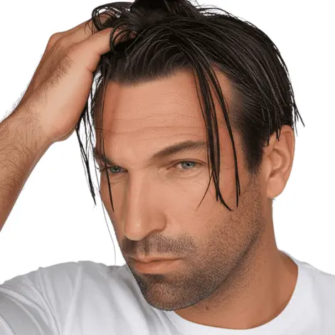 A young man with dark hair and a casual white shirt is running his fingers through his hair, appearing thoughtful, illustrating a moment often associated with greasy hair men's hair concerns.