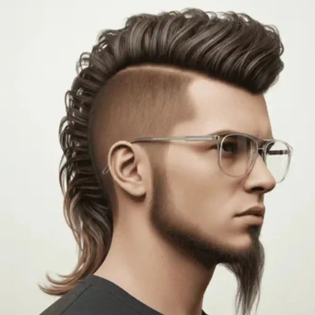 A person showcases one of the trendy men hairstyles with glasses — a stylish mullet featuring distinct sections and textured waves, paired with a black shirt.