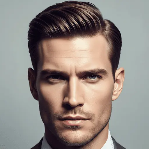 A well-groomed individual in a suit, showcasing one of the trendy Edgar haircuts for men, with a neutral background and a look that exudes professionalism.
