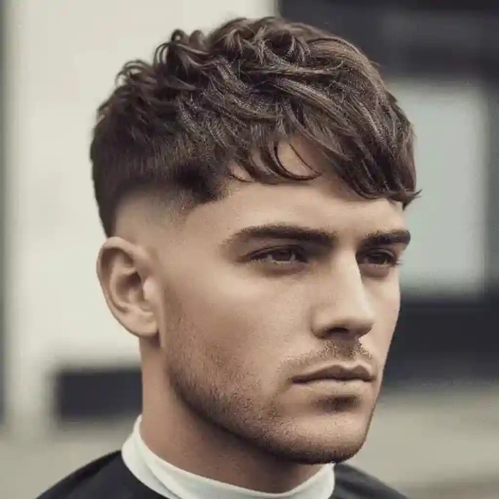 A young man with modern men short hairstyles featuring textured, wavy hair stands confidently, wearing a classic black barber cape against a bold urban background.