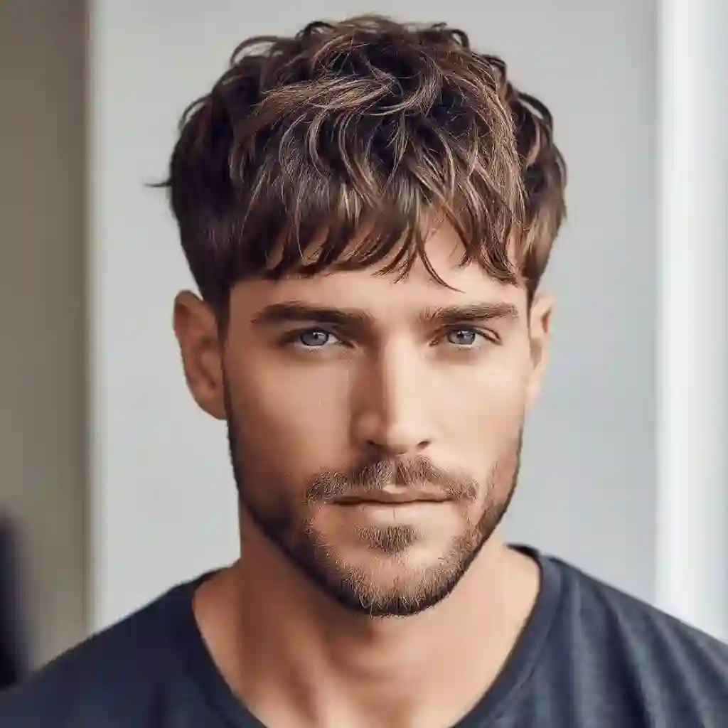 A young man with textured, curly hair showcasing modern men short hairstyles, wearing a dark t-shirt and posing indoors against a softly blurred background.