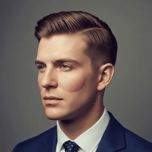 A stylish man in a dark suit and tie poses against a neutral background, showcasing his carefully styled Edgar haircut for men and confident stance.
