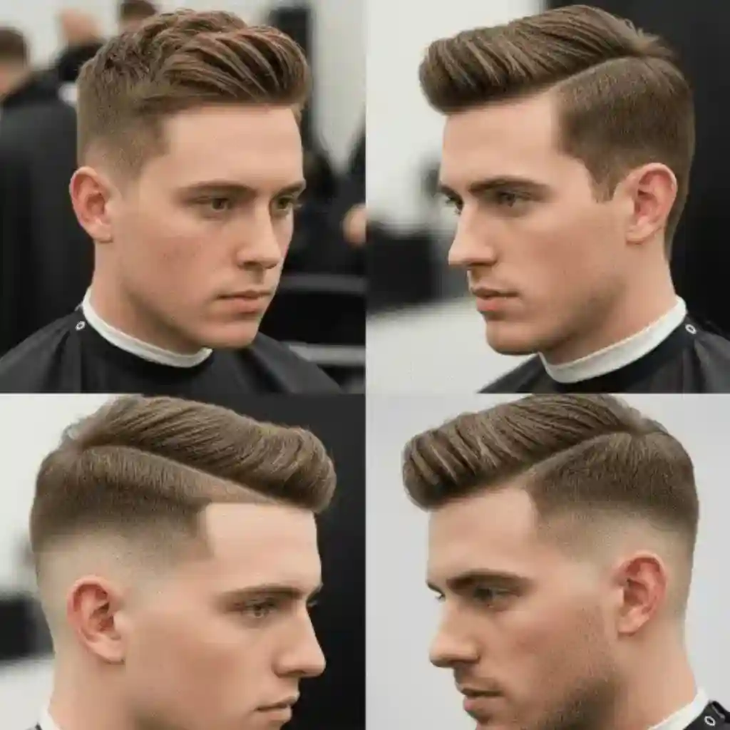 A collage of four images showing a stylish, modern men short hairstyles haircut featuring a faded undercut and textured top hairstyle.