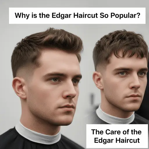 Two individuals with trendy Edgar haircuts for men, showcasing different styles and angles, along with tips on haircut care.