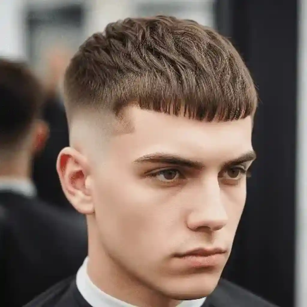 A close-up of a stylish modern men short hairstyles haircut featuring a textured top and faded sides, set against a barbershop mirror backdrop.