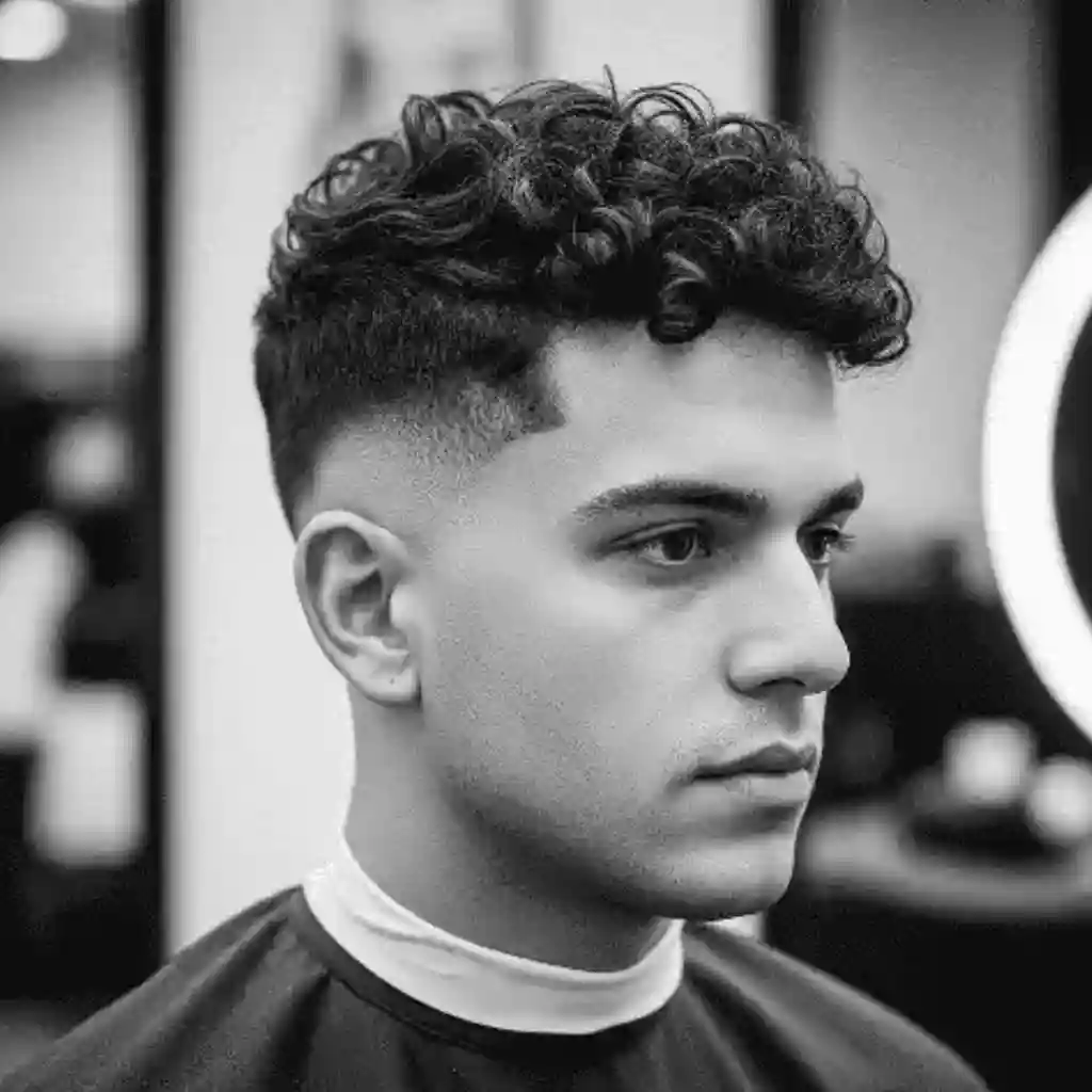 A person with curly hair styled in a fade showcasing modern men short hairstyles, sitting in a barbershop chair surrounded by modern salon equipment and a circular mirror.