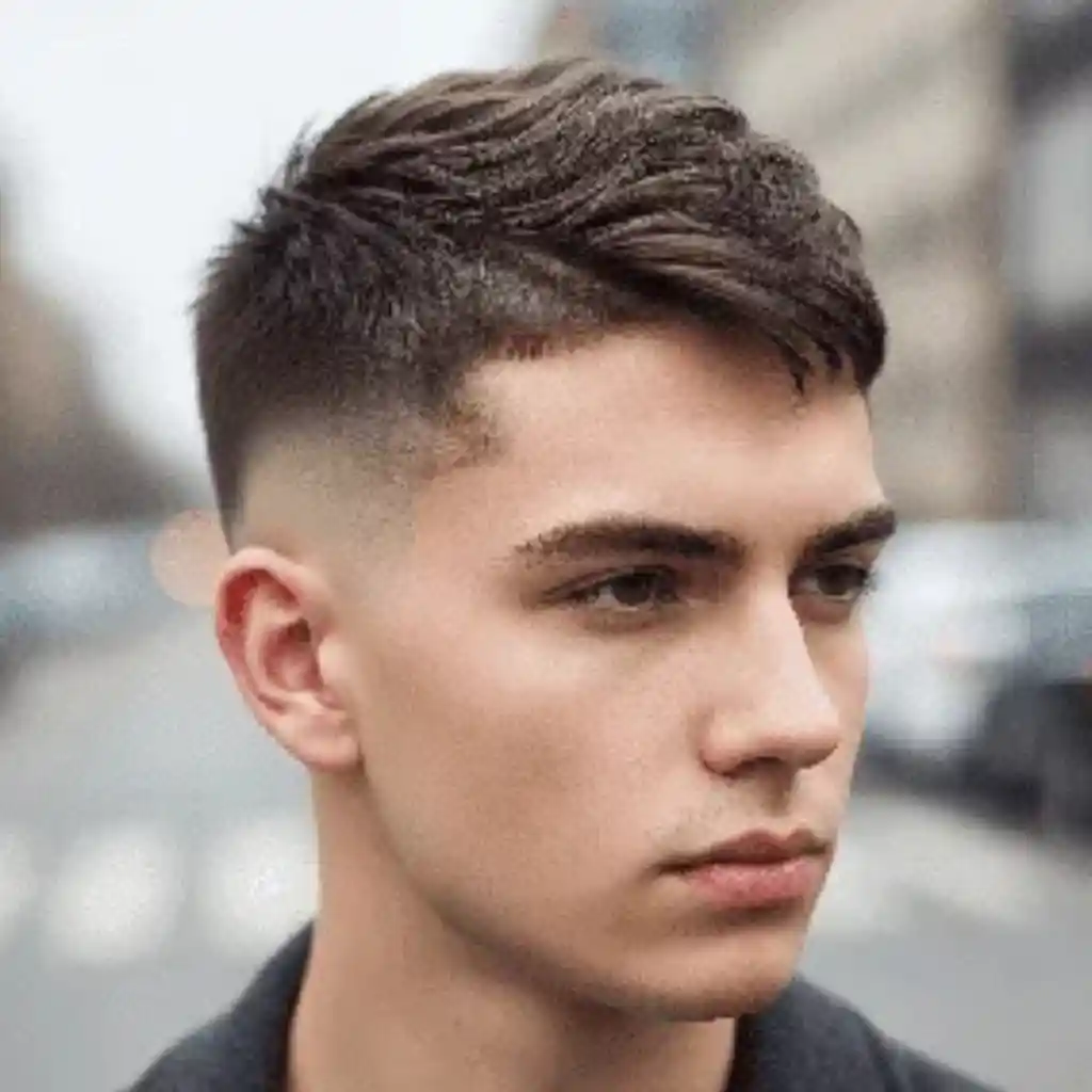 A young man with styled hair and a modern haircut showcasing modern men short hairstyles stands confidently on a city street, with blurred traffic in the background.