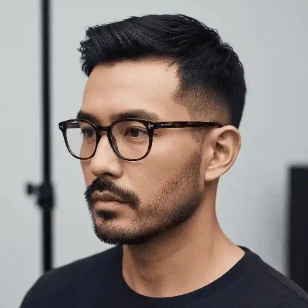 A young man with modern men short hairstyles, wearing glasses and a black shirt, positioned against a light gray backdrop.