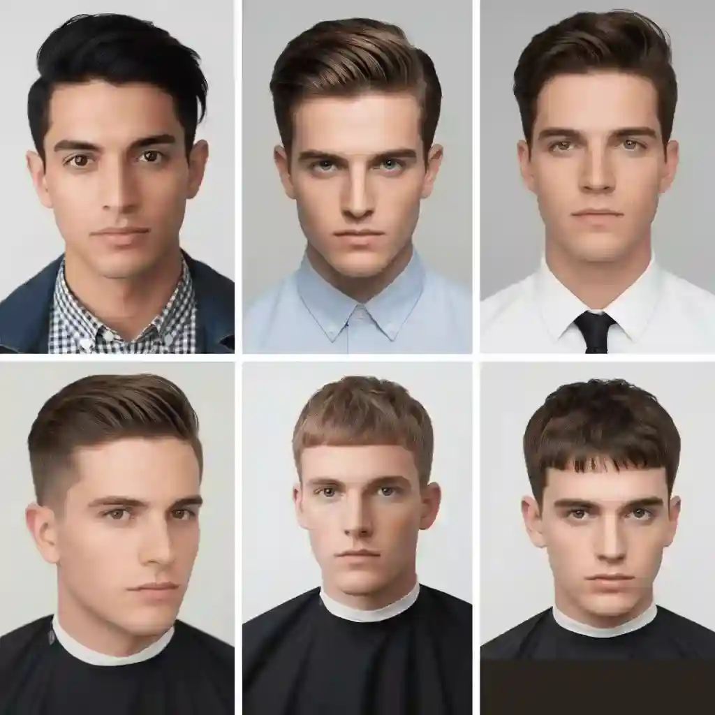 A collage of six male hairstyles showcasing various modern men short hairstyles with stylish cuts and colors, ranging from sleek to textured looks.