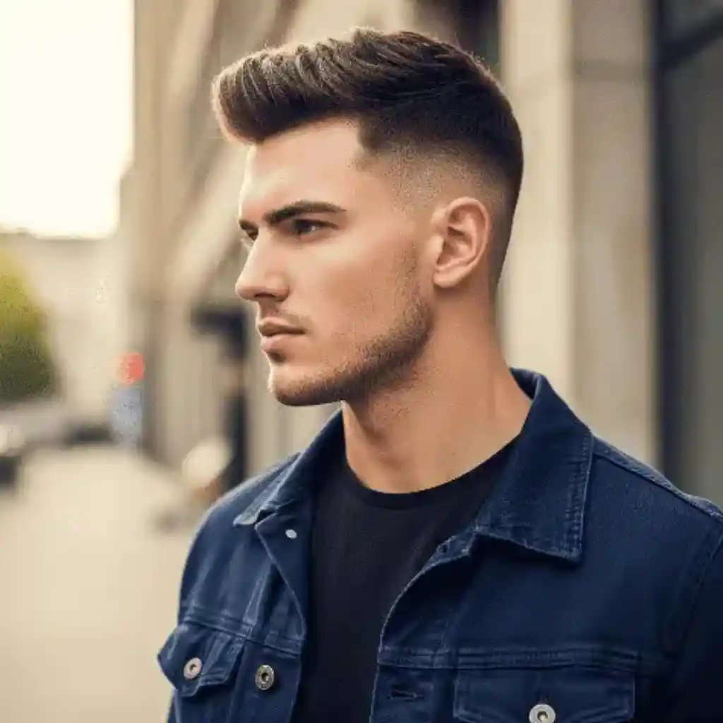 A man with modern men short hairstyles stands on a city street, wearing a denim jacket over a black t-shirt, with urban buildings and trees in the background.