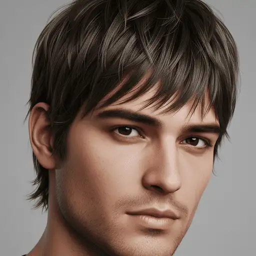Fringe Hairstyles for Men- 36 Trendy Looks To Try 5 A close-up of a person's head and shoulder, featuring short, tousled hair and a highlighted ear against a neutral background, representing FRINGE HAIRSTYLES FOR MEN.