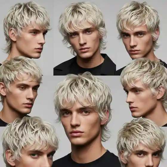 Collage of a young man with tousled platinum blonde hairstyles in various angles, showcasing bleached hairstyles men often wear. The image conveys a stylish, modern, and trendy look.