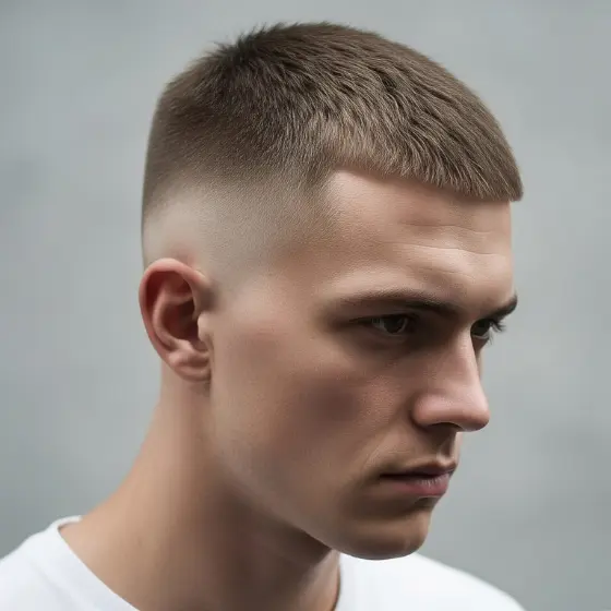 The Best Hairstyles for Drop Fade for Men 8 A young man with a buzz cut featuring a neat drop fade for men, wearing a white shirt. His expression is serious, set against a plain gray background.