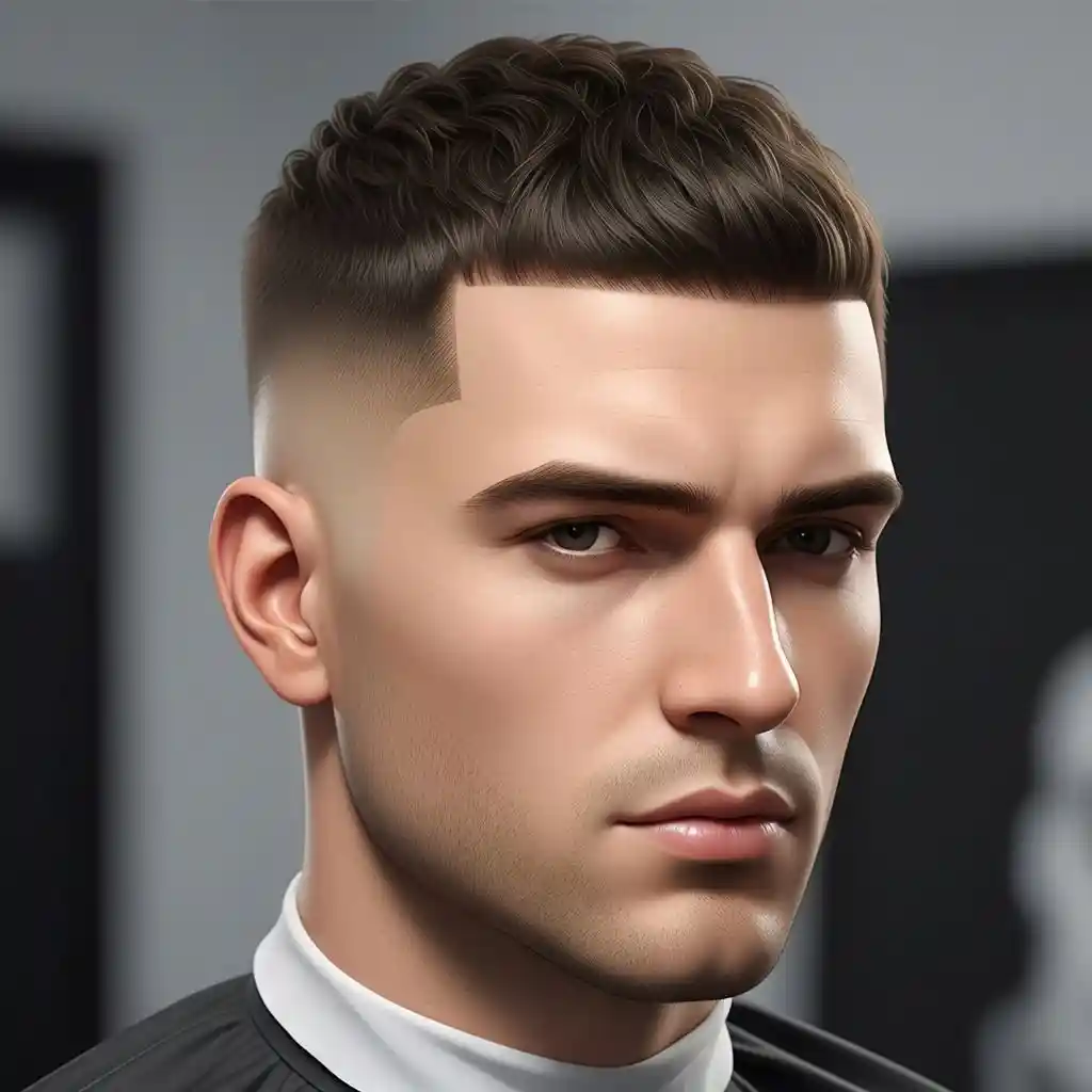 26 On-Trend Men's Crop & Crew Cuts 5 A young man with a stylish, textured haircut featuring MEN'S CROP & CREW CUTS, wearing a black barber cape, set against a blurred salon background.