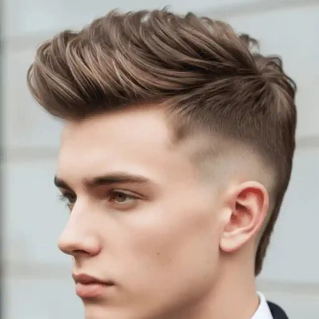 Trendy 16 Men Hairstyles Long Face 5 A stylish example of MEN HAIRSTYLES LONG FACE, featuring voluminous, textured hair on top with clean, faded sides, perfectly complemented by a sharp suit.