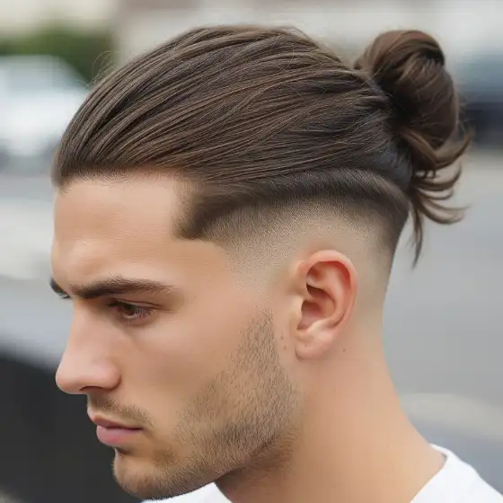 Side profile of a man with a trendy undercut and a brown man bun, featuring a drop fade for men. The hair is neatly groomed, conveying a modern and stylish look.