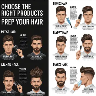 Essential Steps to Every Men's Hairstyle 5 A hair care guide featuring various hairstyles and recommended products for men's hair types, organized into three sections highlighting the essential steps to every men's hairstyle.
