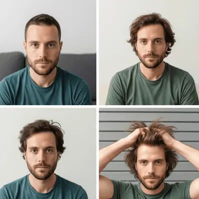 A collage of four images showing a man with varying expressions—calmness, contemplation, sadness, and frustration—while wearing a green t-shirt, showcasing a growing hair out hairstyle.